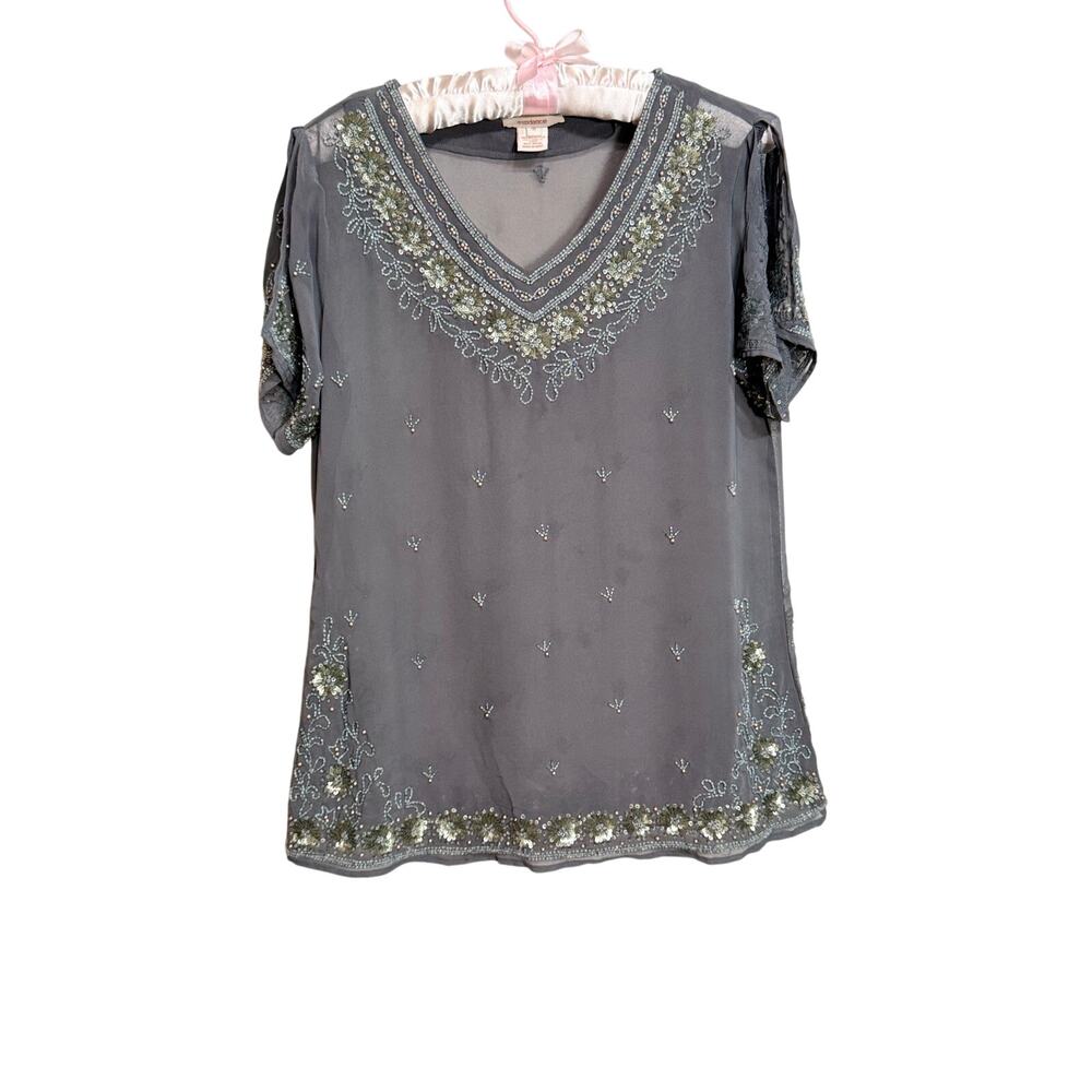 Sundance beaded tunic sheer gray short split sleeves beaded neck cuffs hem Sz S